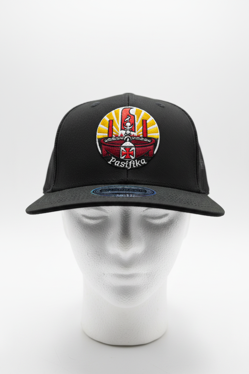 Casquette trucker noir avec filet motif pacifika